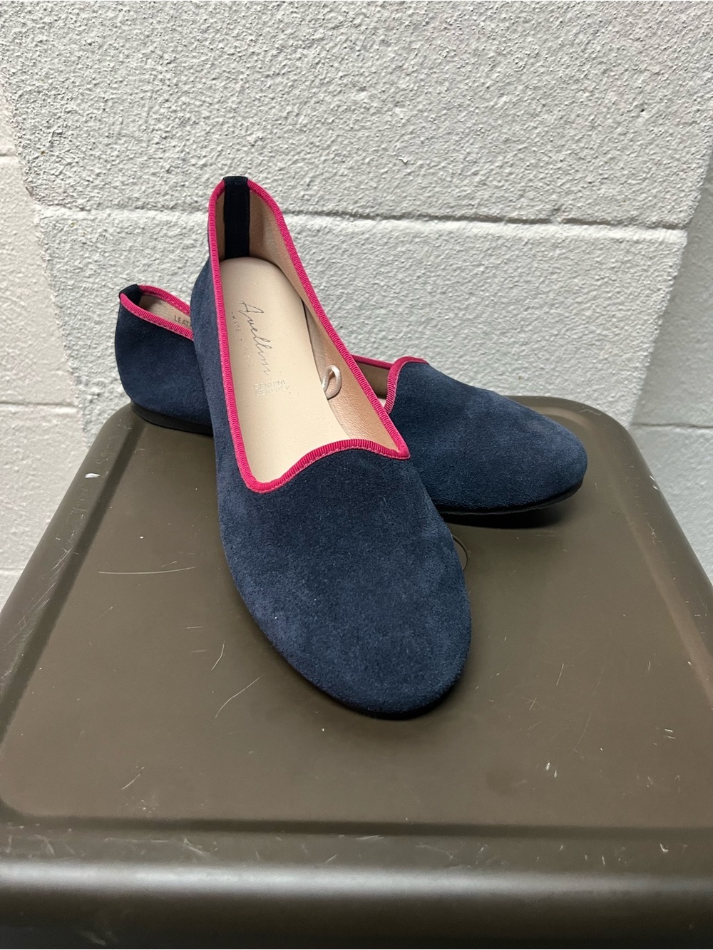 Suede Navy Flats with Pink Trim - Women's Slip-On Loafers